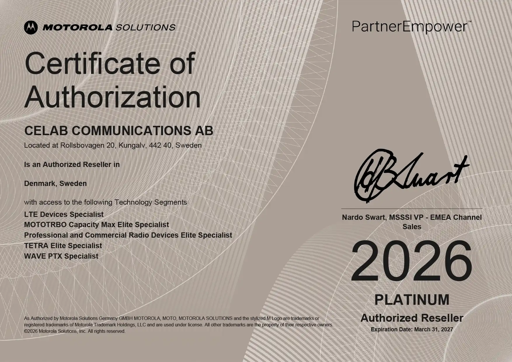 Celab Communications Motorola Solutions Platinum Reseller certifikat för 2026.