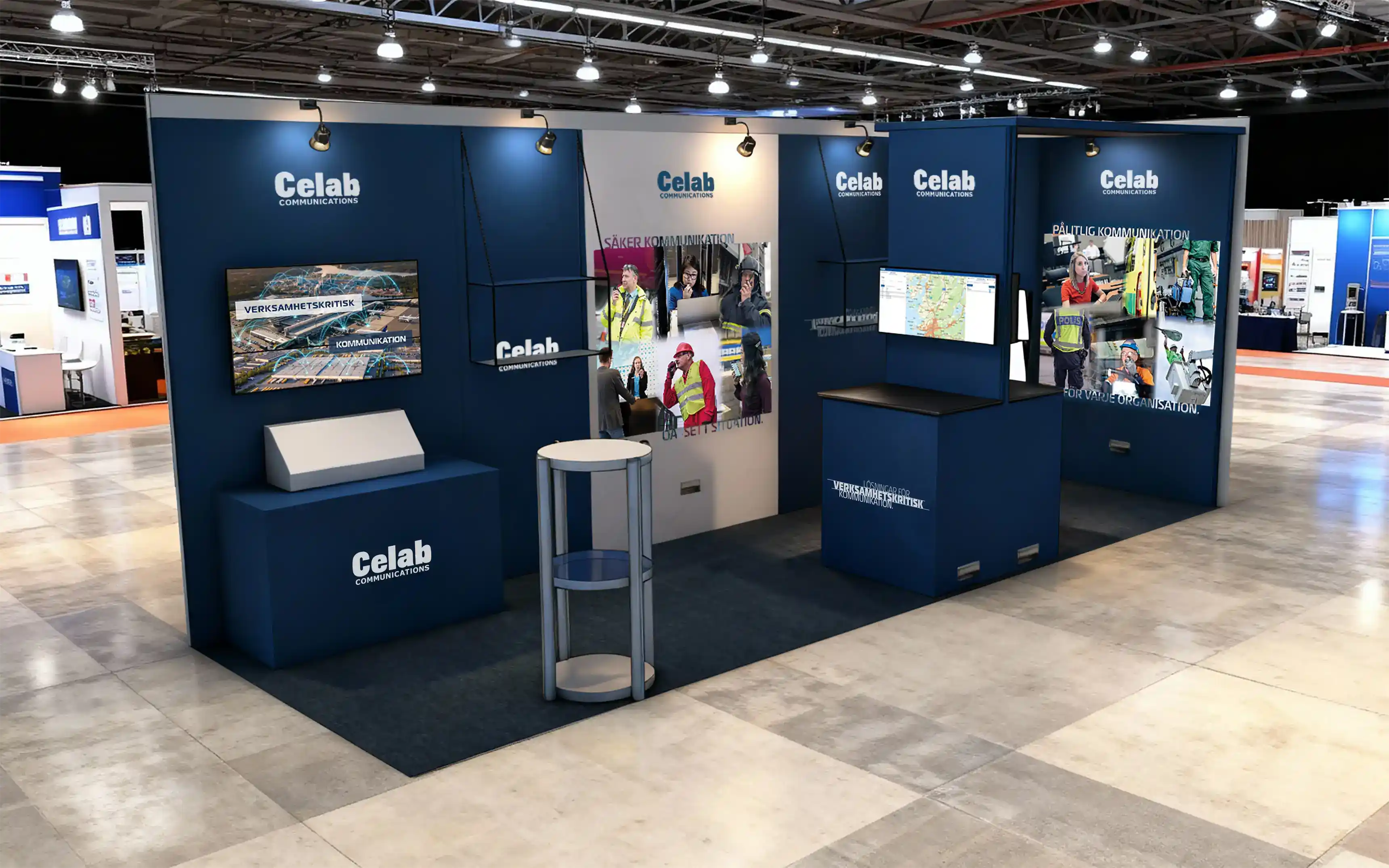 Rendering av Celabs monter på mässan Dagen för samhällsviktiga kommunikationstjänster 2025.