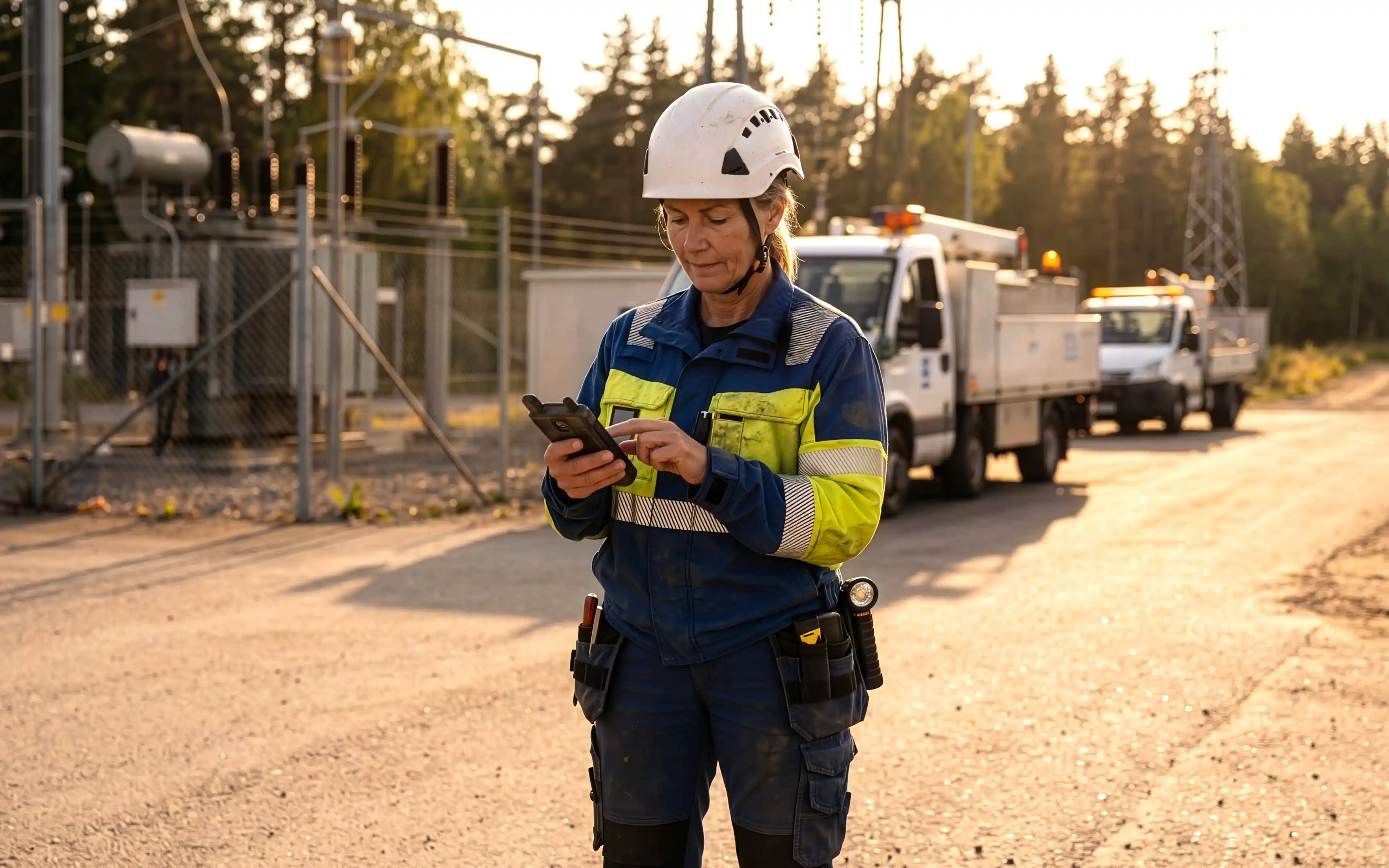 En kvinnlig energiarbetare som står och fokuserar på sin Motorola LEX L30 i handen med en mindre transformatorstation och 2 fordon i bakgrunden någonstans i en skogsmiljö.