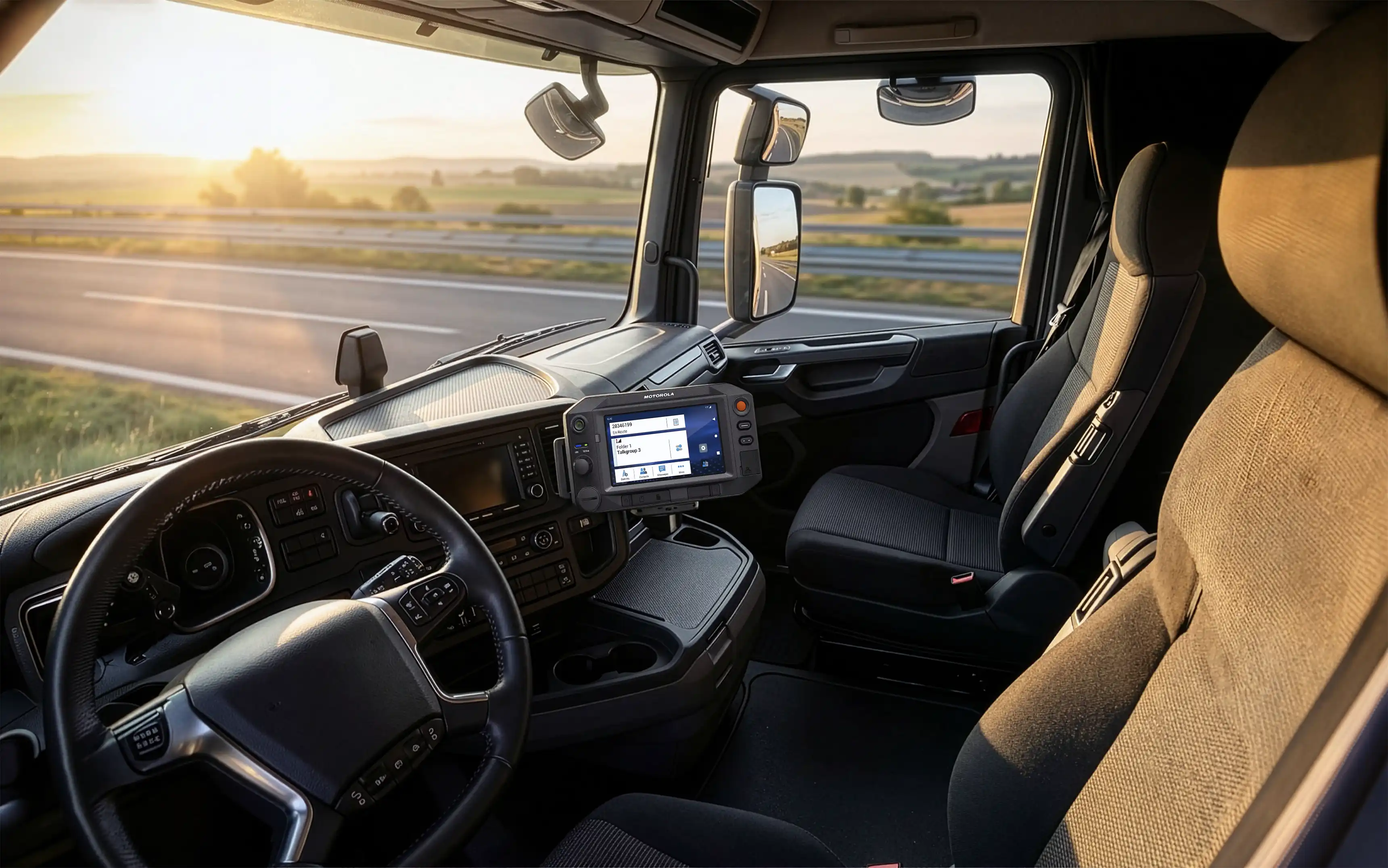 Bild som visar en Motorola MXP7000 monterad i mittkonsolen på en lastbil.
