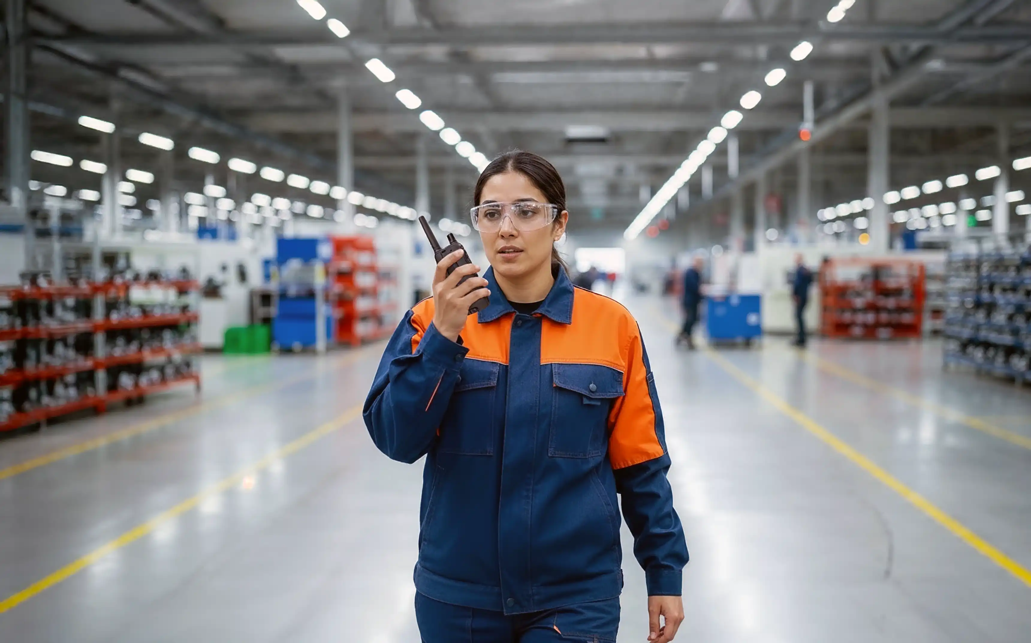 En kvinnlig industriarbetare som går genom en produktionslokal och pratar i en Motorola MXP600 Tetra-radio.