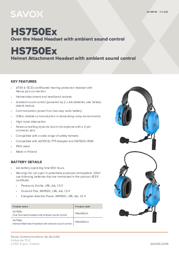 Förhandsgranskning av framsidan på Motorola-HS750Ex-datasheet.pdf