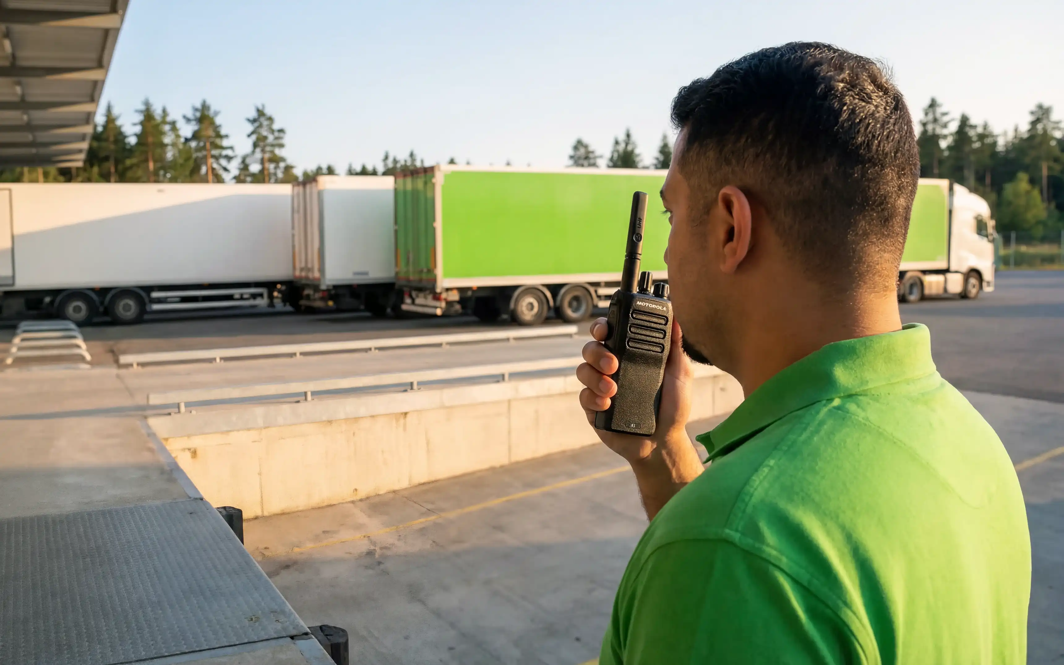 En person i grön tröja som som står på en lastbrygga och pratar i en komradio med flera gröna trailers i bakgrunden.