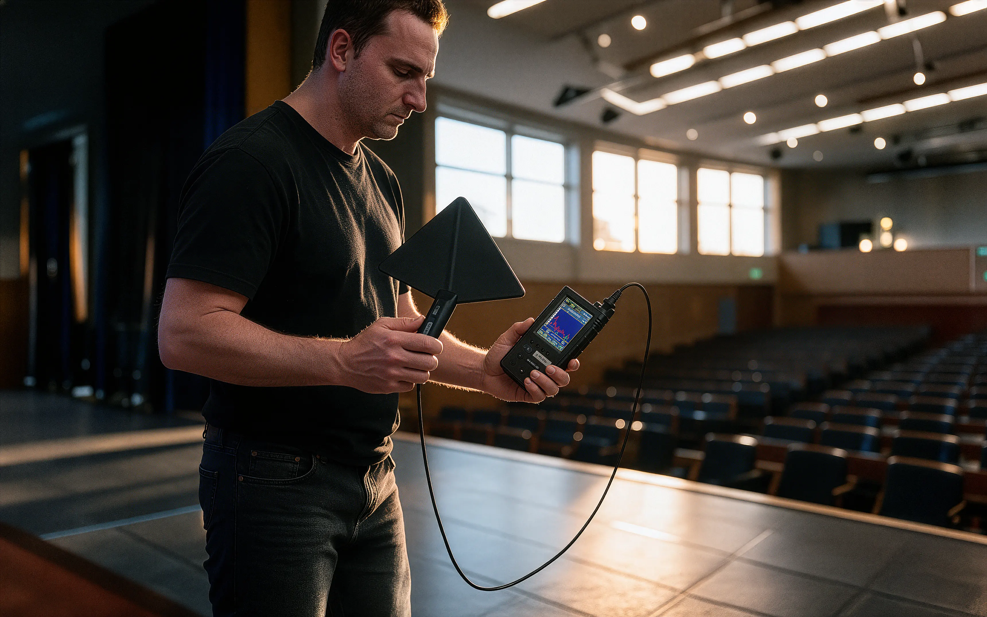 En IT-tekniker som använder en REI André för att söka efter otillåten avlyssning på auditorium inför en större konferens.