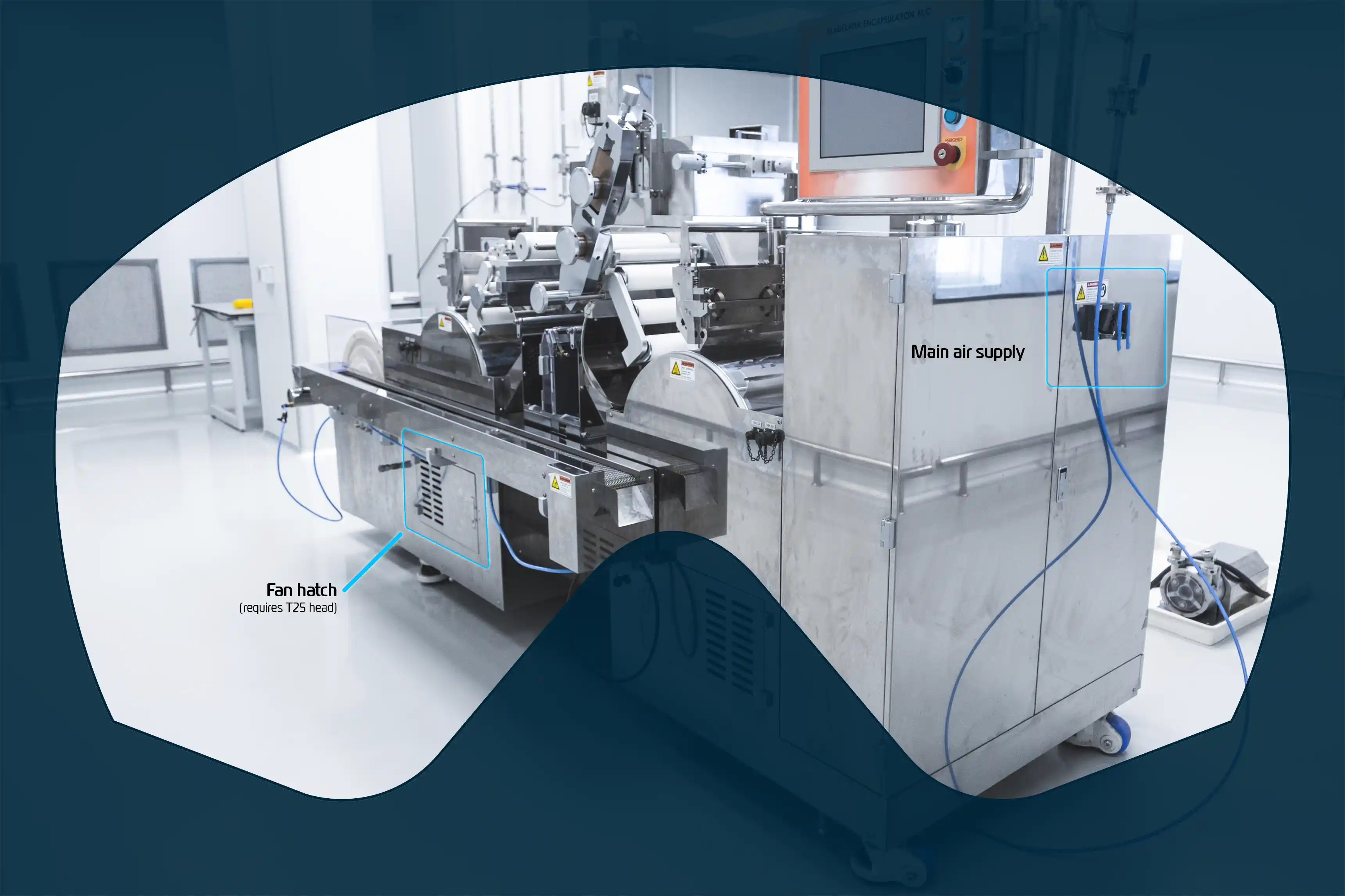Bild som visualiserar hur en industriell maskin skulle kunna se ut genom ett par AR-glasögon formade som goggles med digitalt tillförd information.