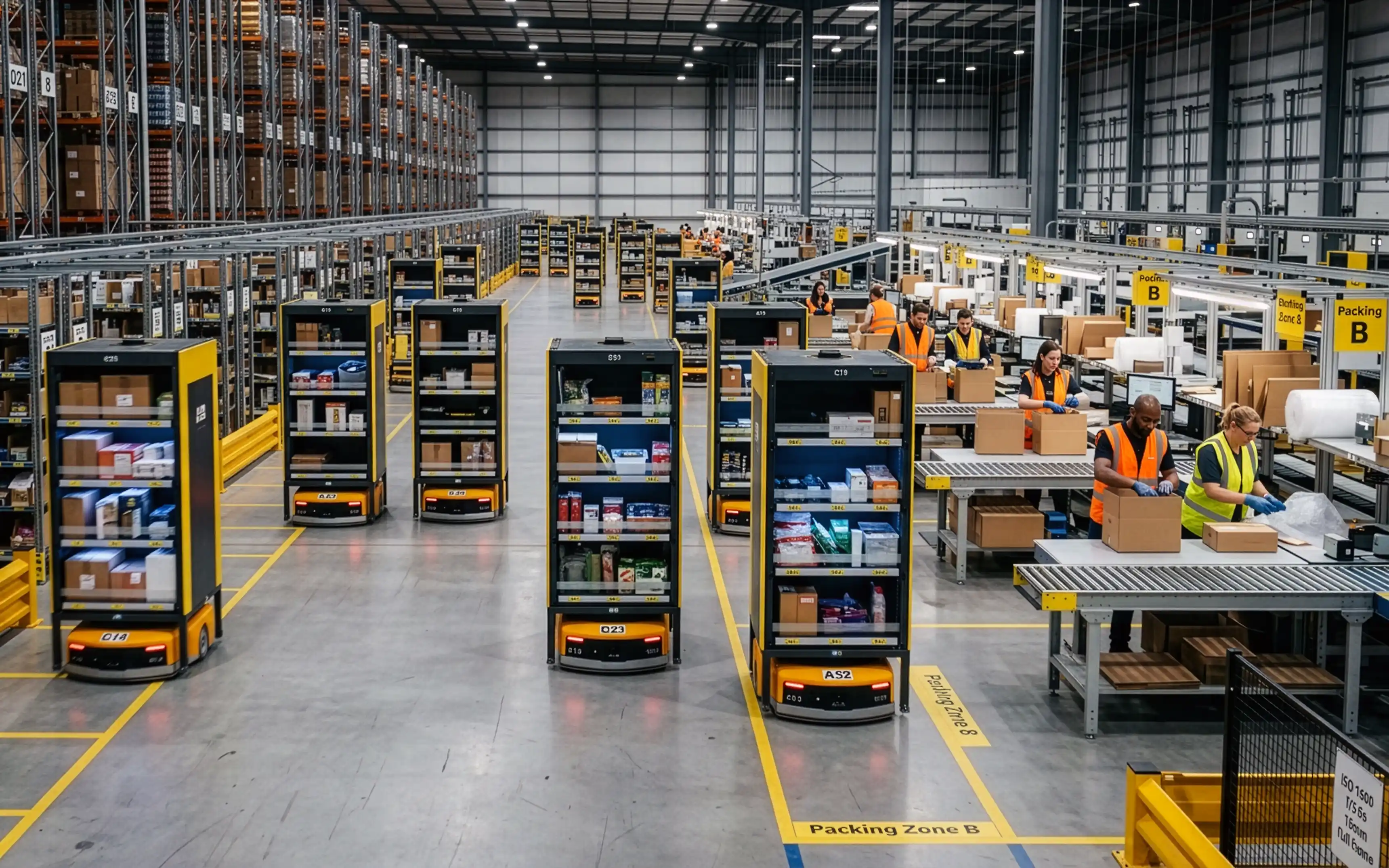 Bild på ett lager med självkörande robotar som autonomt kör hela hyllor fram och tillbaka till packningsstationer som bemannas av människor.