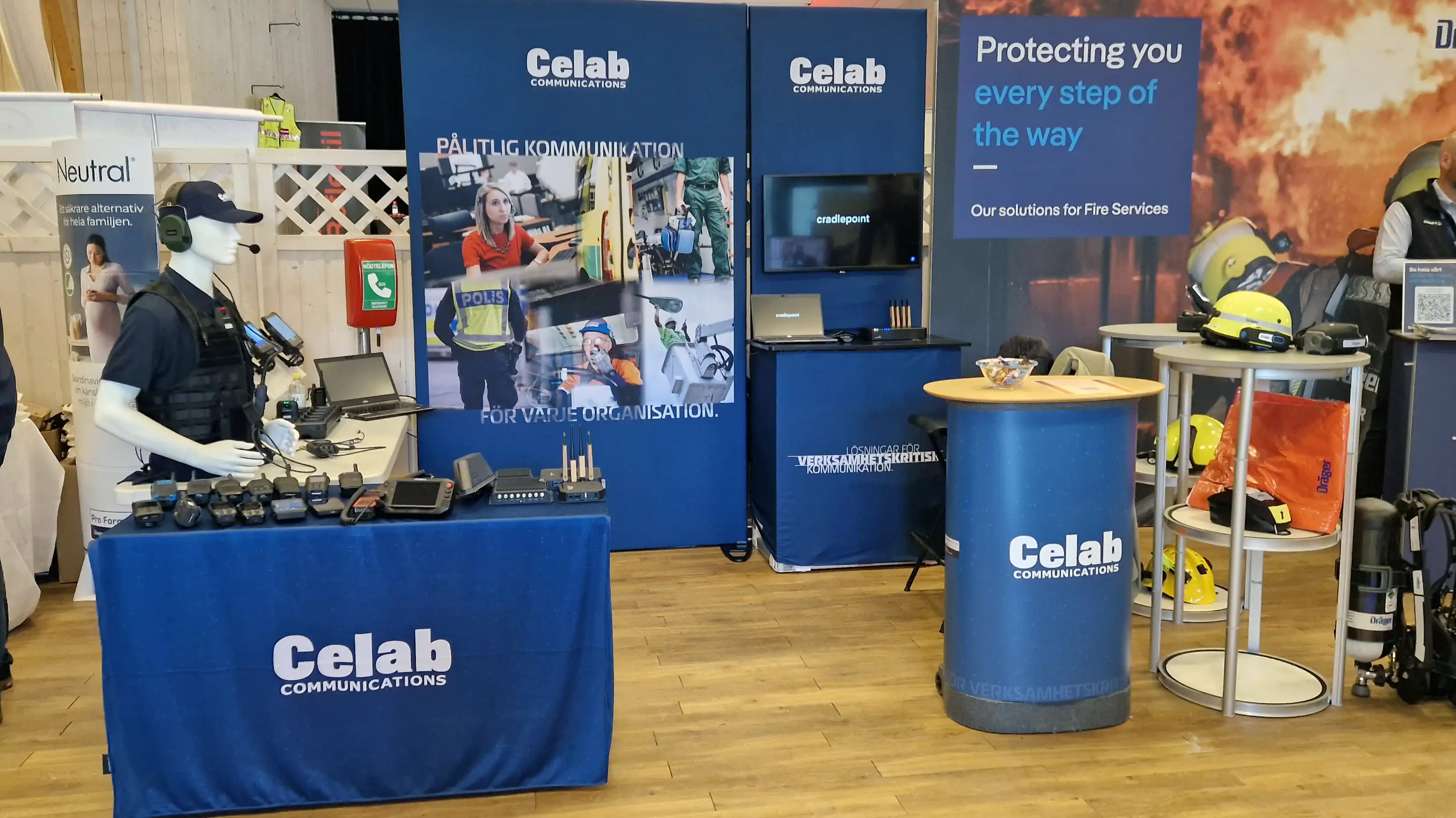 Översikt över Celabs monter på Brand och Räddningsmässan i Västervik 2025.