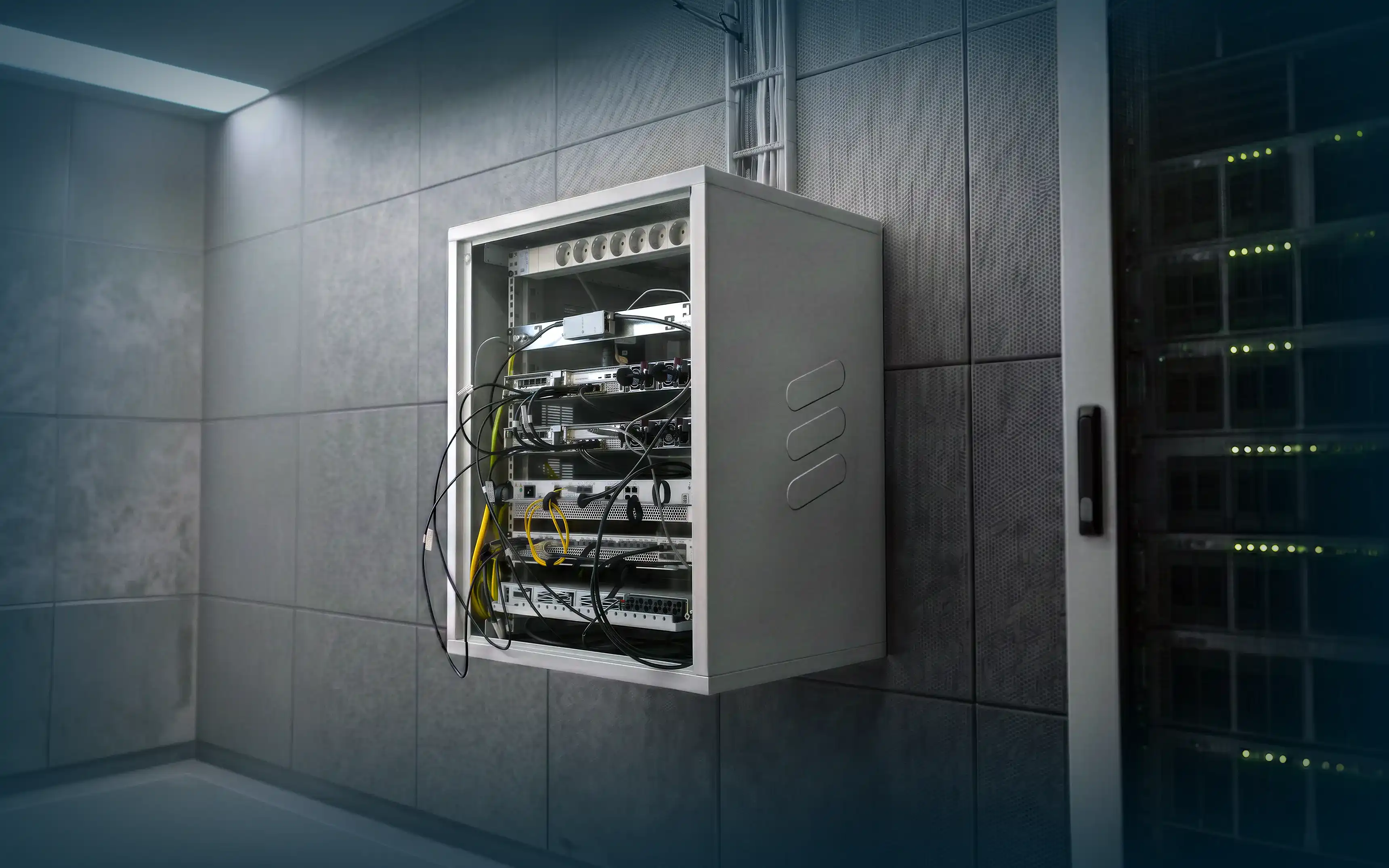 Visualisering av Celabs Privata 5G-system för demo och test hängande i ett server-rum.