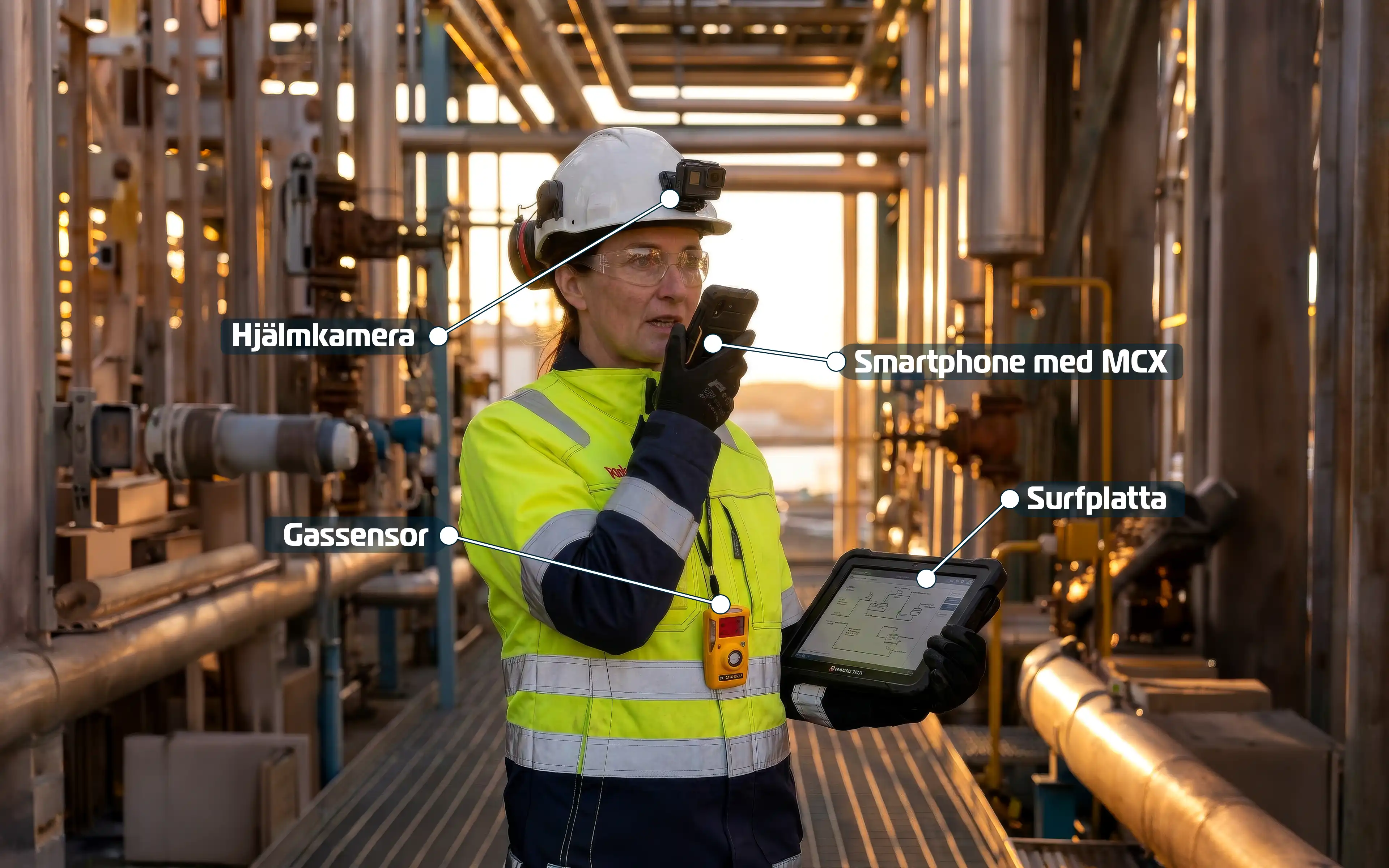 Bild på en medarbetare på en raffinaderi som är utrustad med teknisk utrustning för att visualisera konceptet Connected Worker.