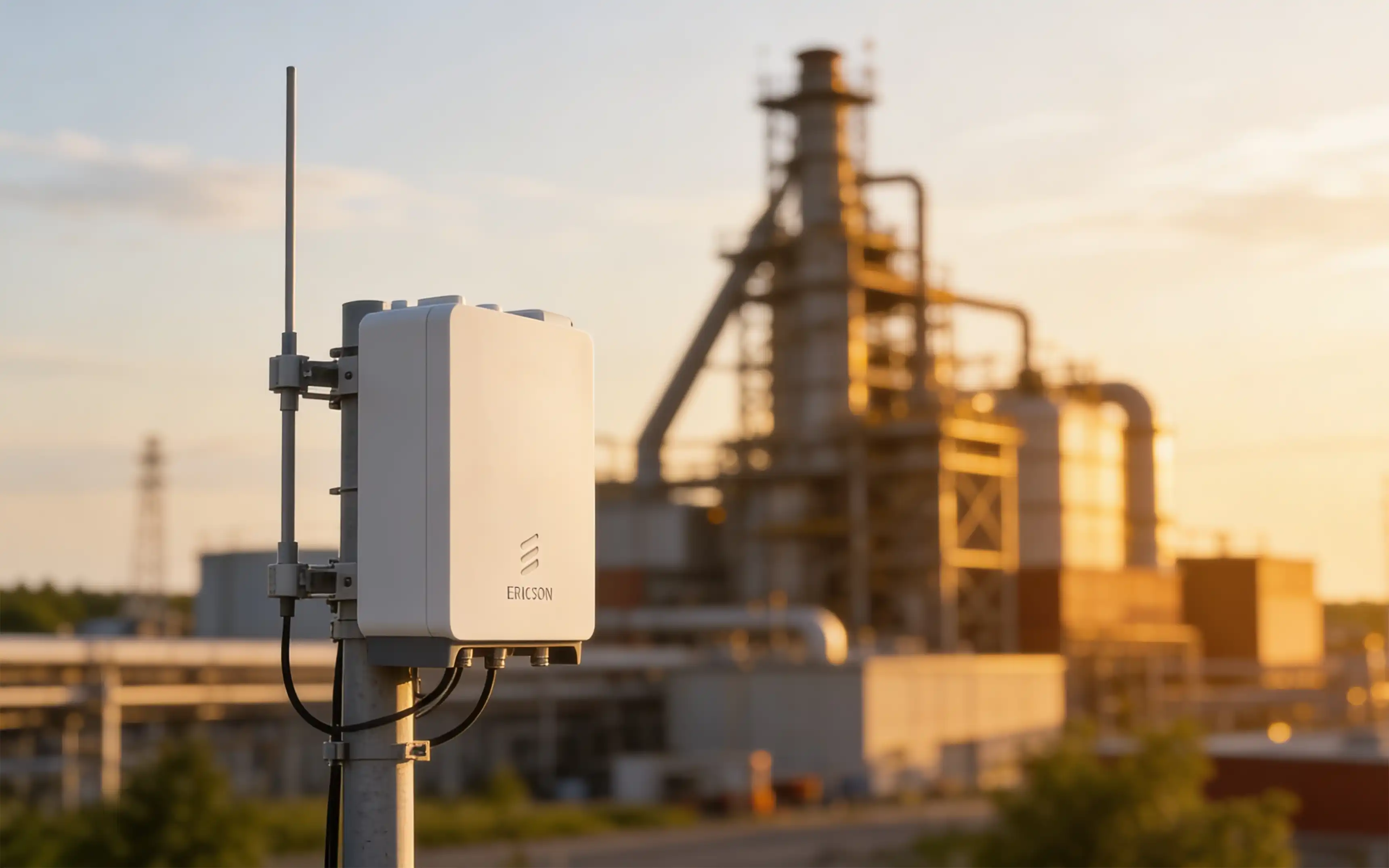 Bild som visar en Ericsson Private 5G macro radio monterad på en radiomast på ett fabriksområde.