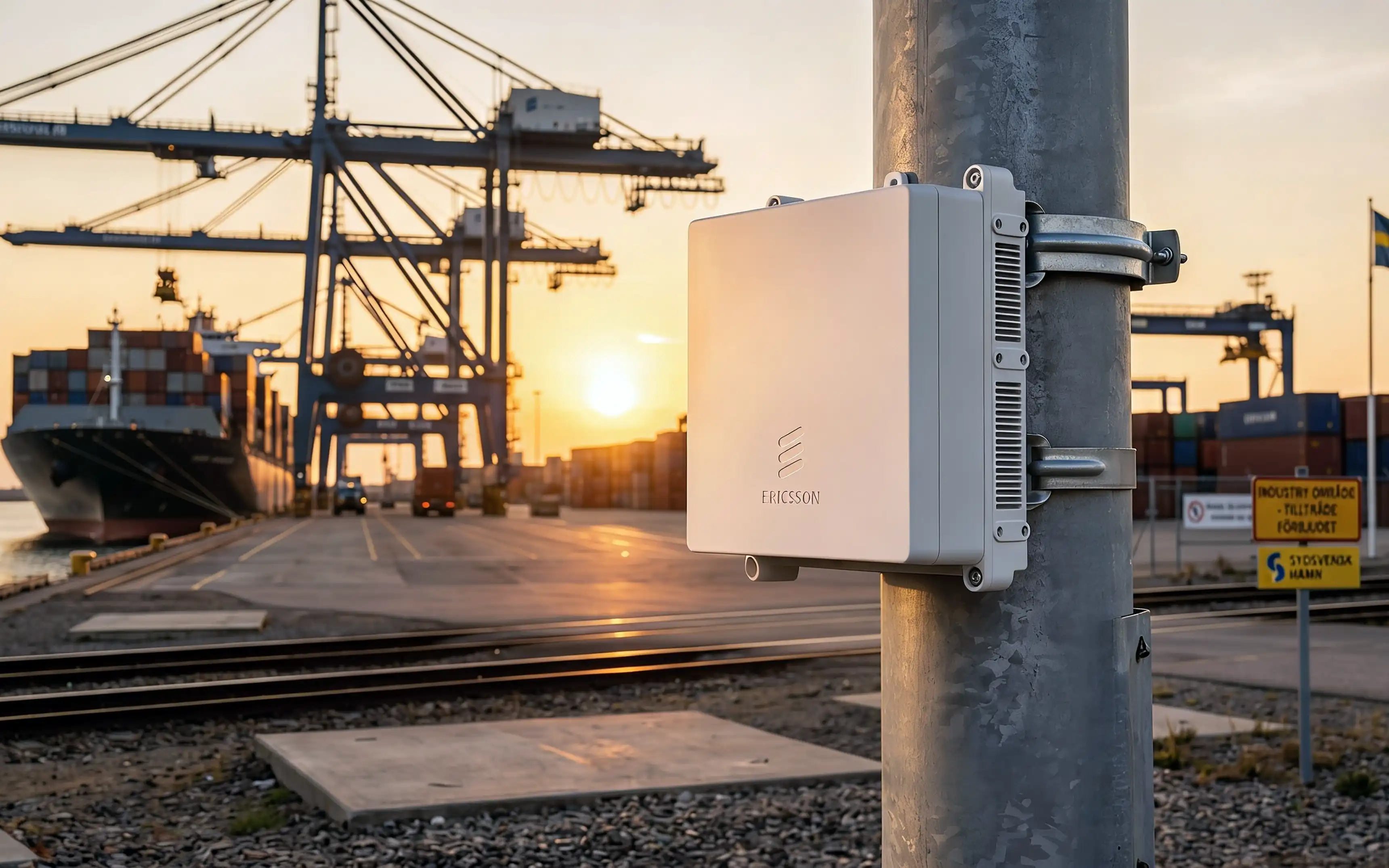 Bild som visar Ericsson Micro Radio monterad på en stolpe i en containerhamn strax innan solnedgången.