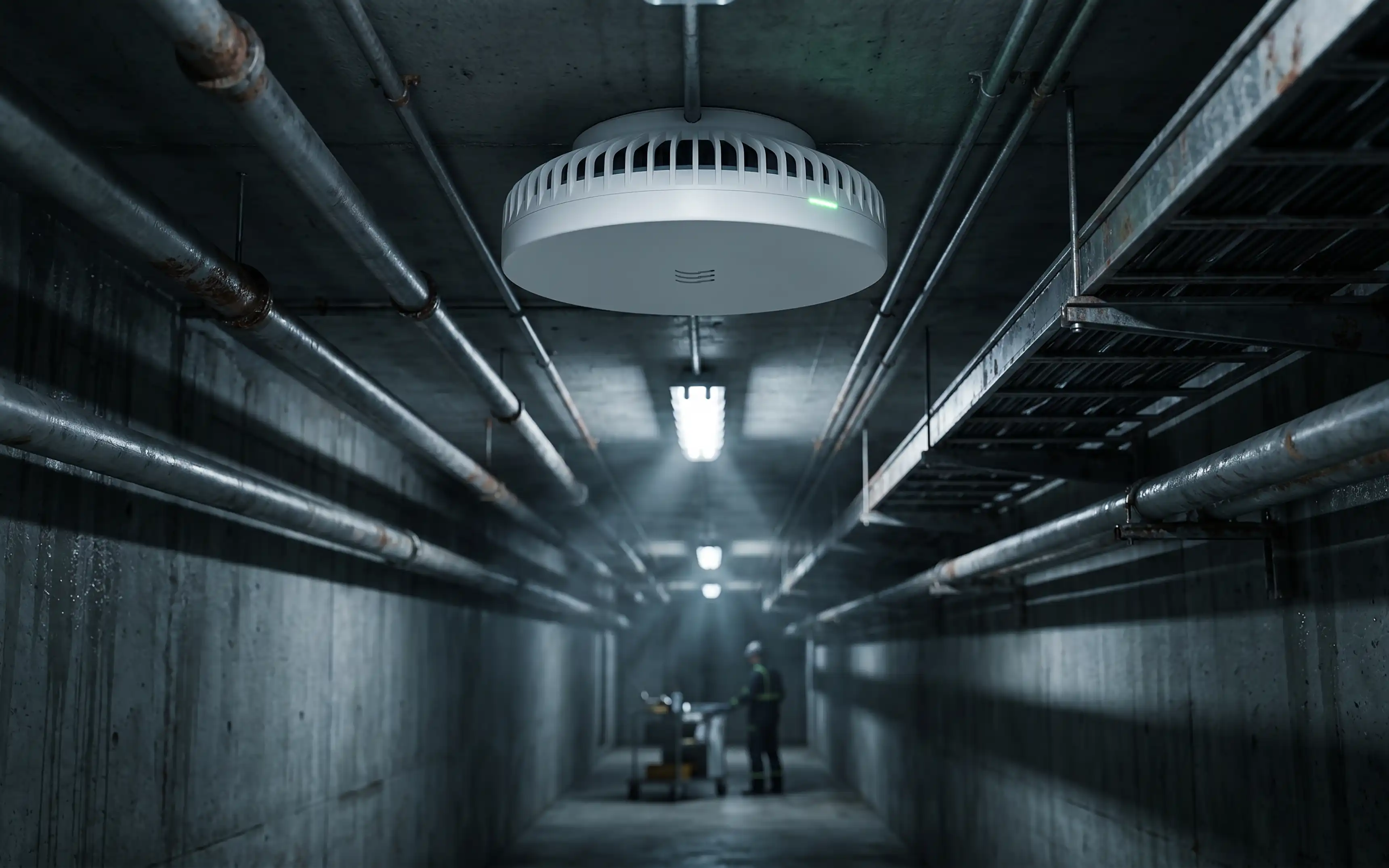 Bild som visar en Ericsson Radio Dot som hänger i taket på en servicetunnel i en industriell miljö.