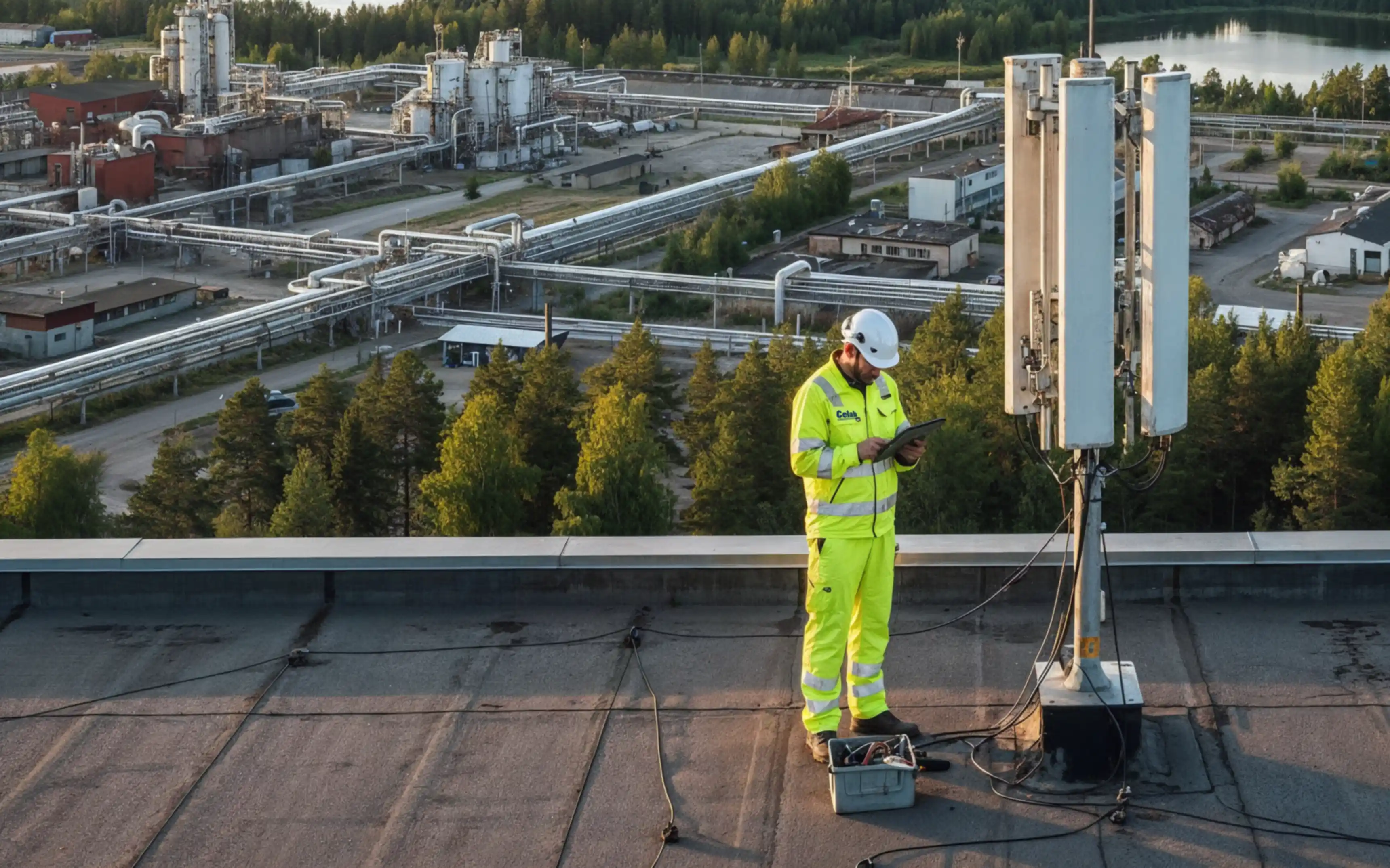 En av Celabs tekniker står på taket på en industri och kalibrerar 5G-systemet bredvid antenn-utrustning.