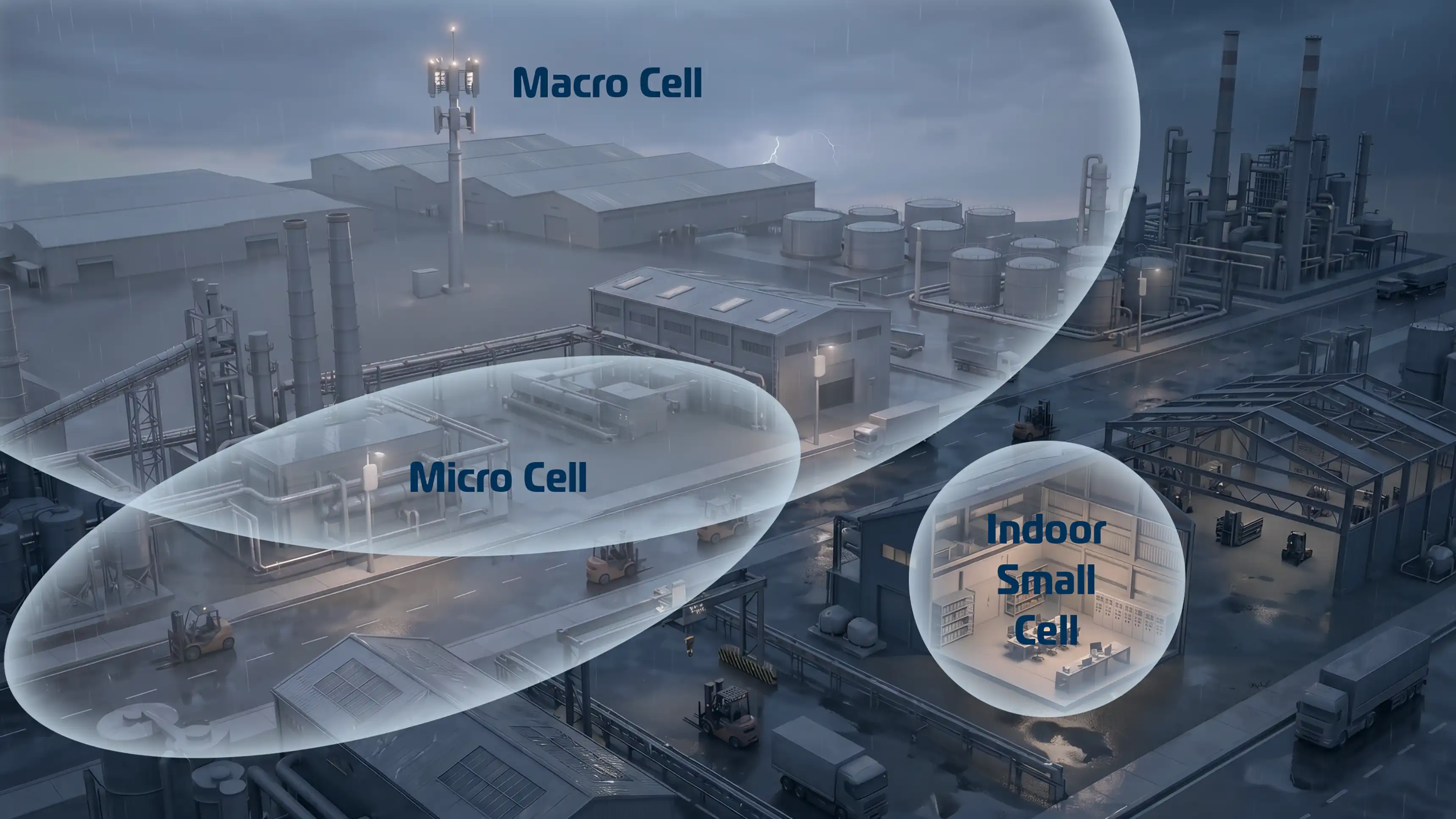 Illustration som visar skillnaden mellan täckningsområden för Macro, Micro och Small radio celler på en industriell anläggning.