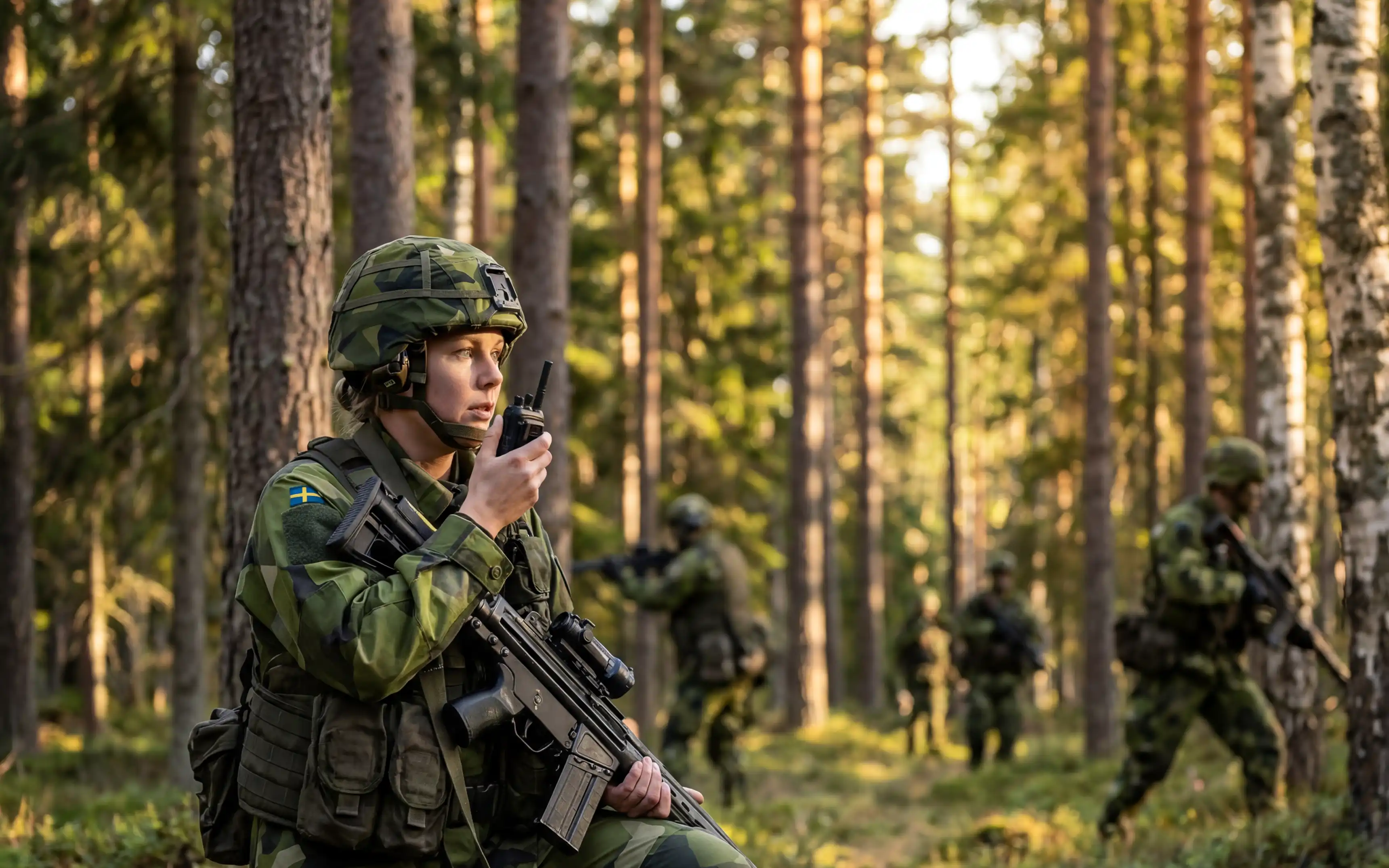 Bild föreställande en kvinnlig hemvärnssoldat som sitter på huk i en skog och pratar i en komradio. I bakgrunden syns solen tränga igenom grenverken och flera andra soldater men dem är ur fokus.