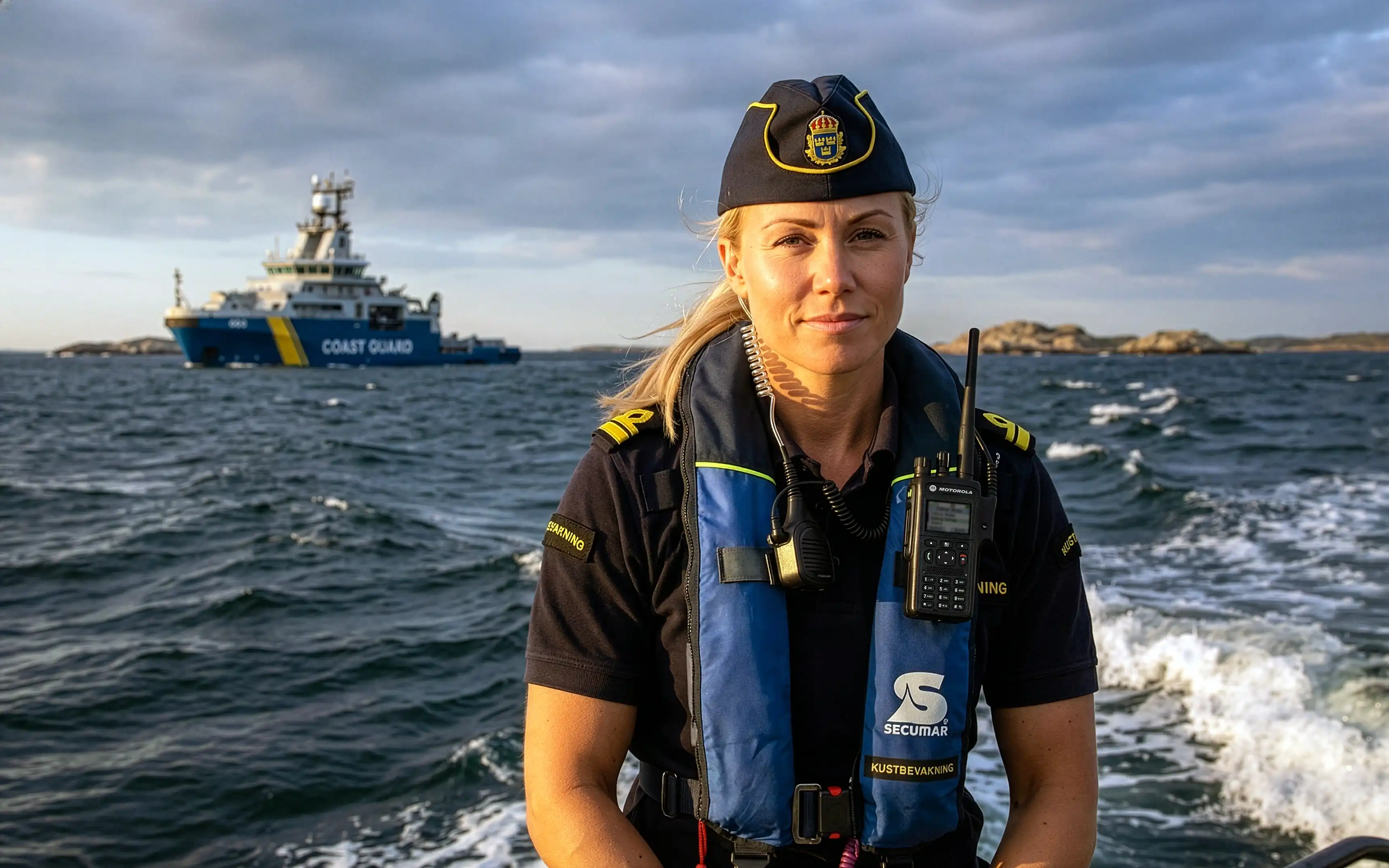 Bild på kustbevakare som sitter på relingen. I bakgrunden syns ett fartyg.