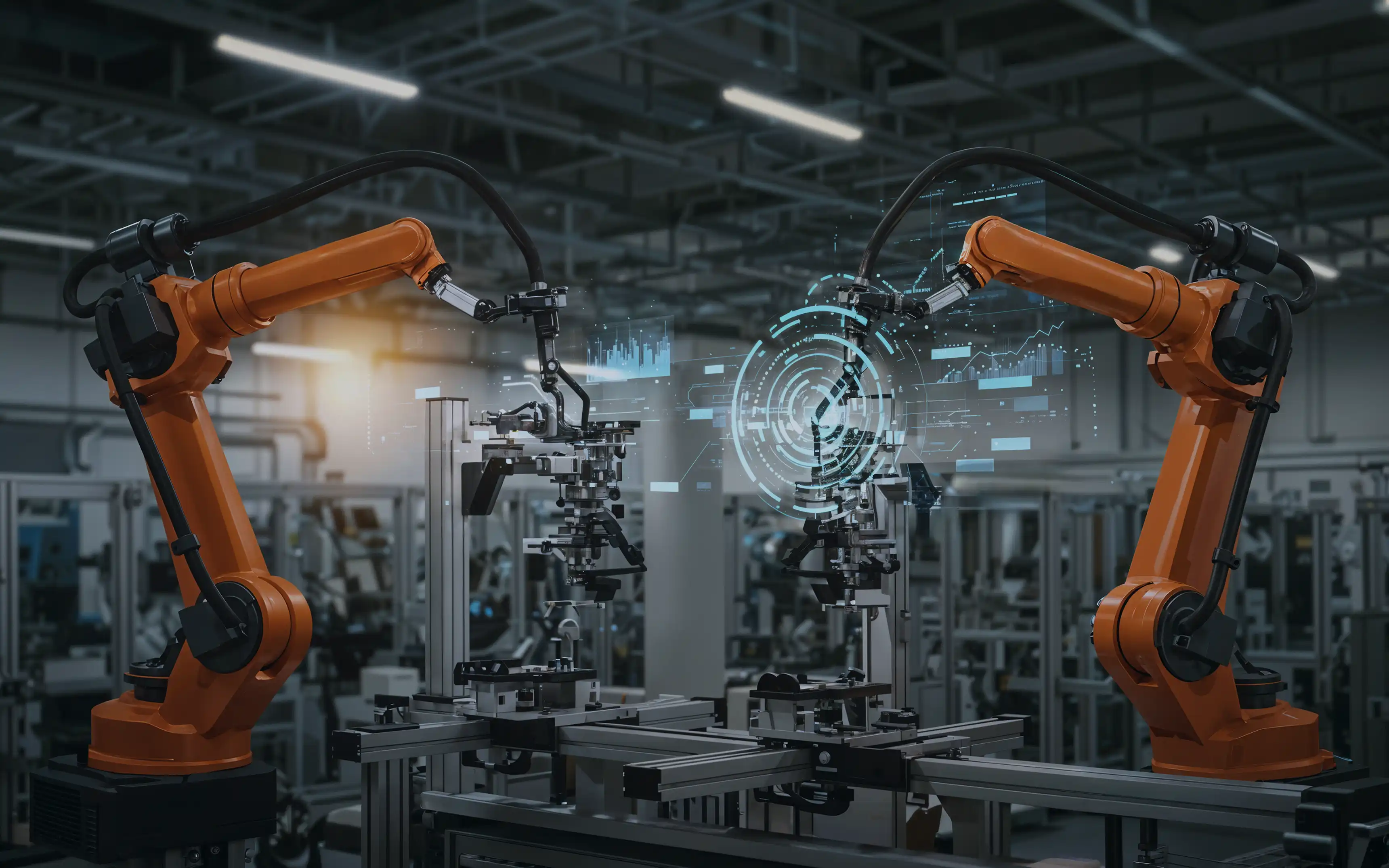 Visualisering av två uppkopplade produktionsrobotar.