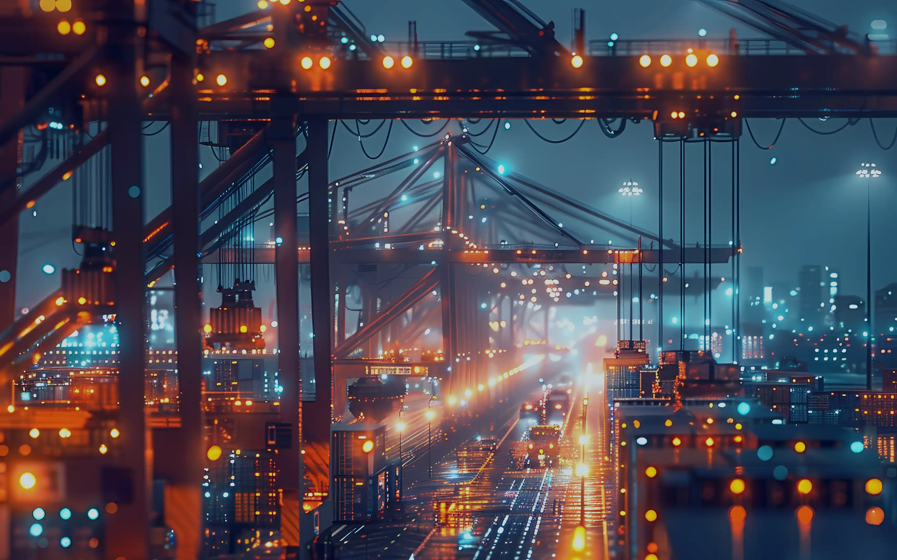 Visualisering av en uppkopplad hamn med autonoma fordon och kranar.