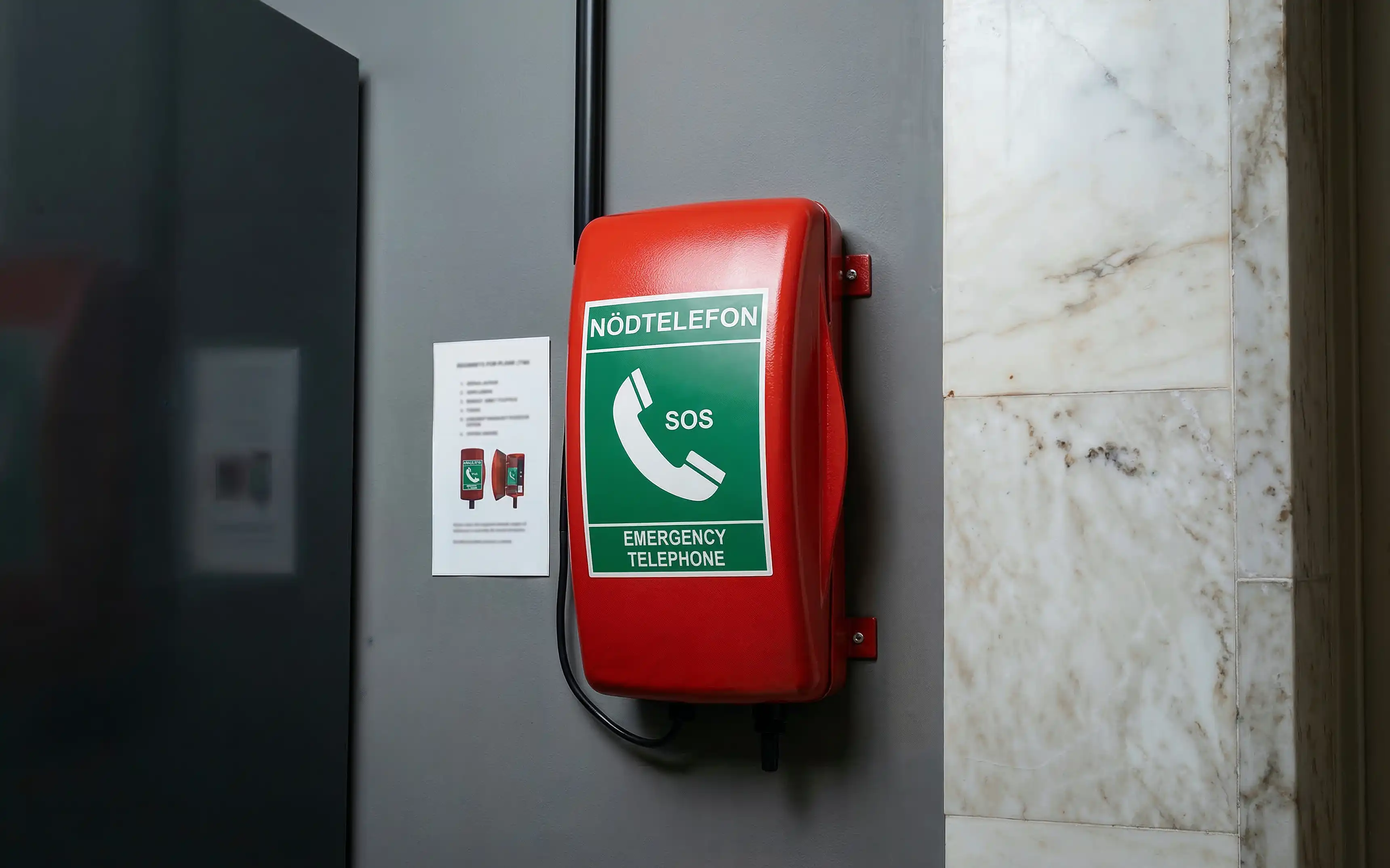 Rakel Nödtelefon hängande på plats i kommunhuset i Lerum.