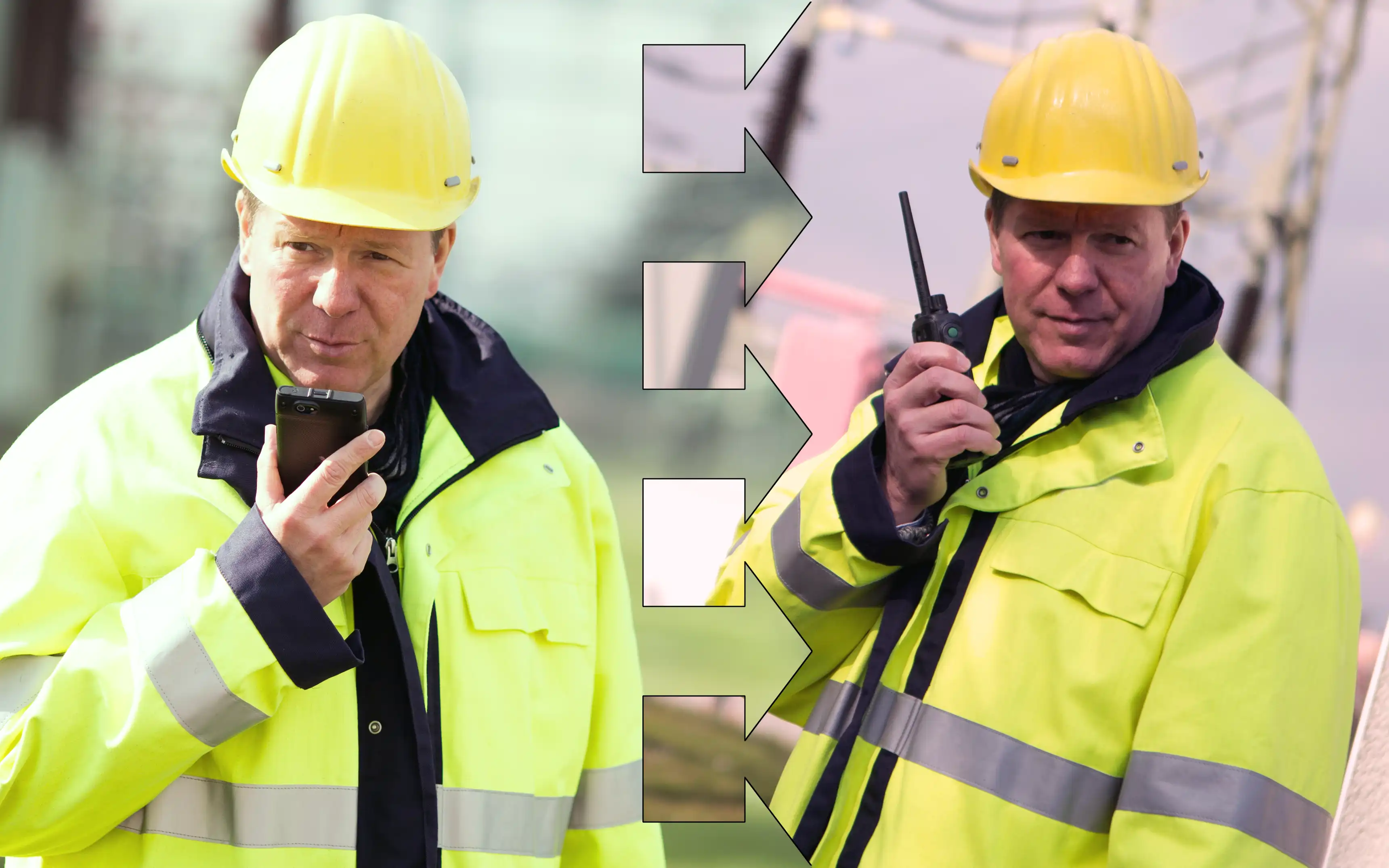 Bild på samma starkströmstekniker som håller en mobiltelefon respektive en komradio för att visualisera "reservkommunikation".