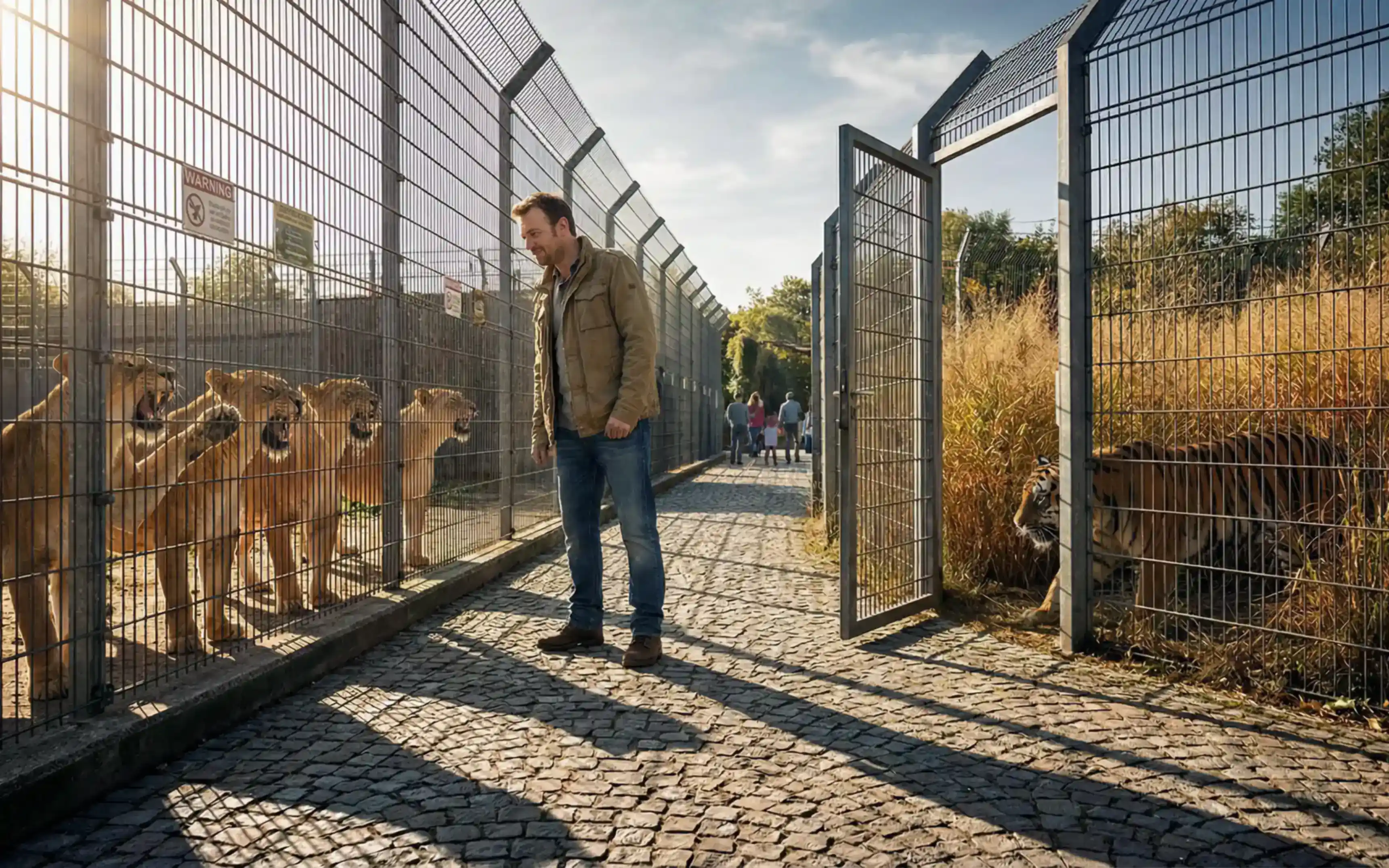 Bild från ett zoo där en man är omedveten om att en tiger utgör ett hot pga en öppen grind.