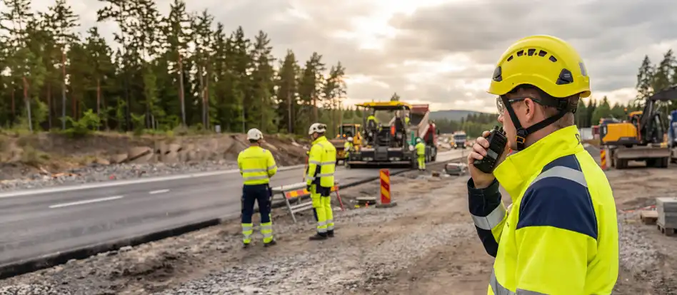 En vägarbetare som står och pratar i en digital komradio och blickar ut över ett vägarbete.