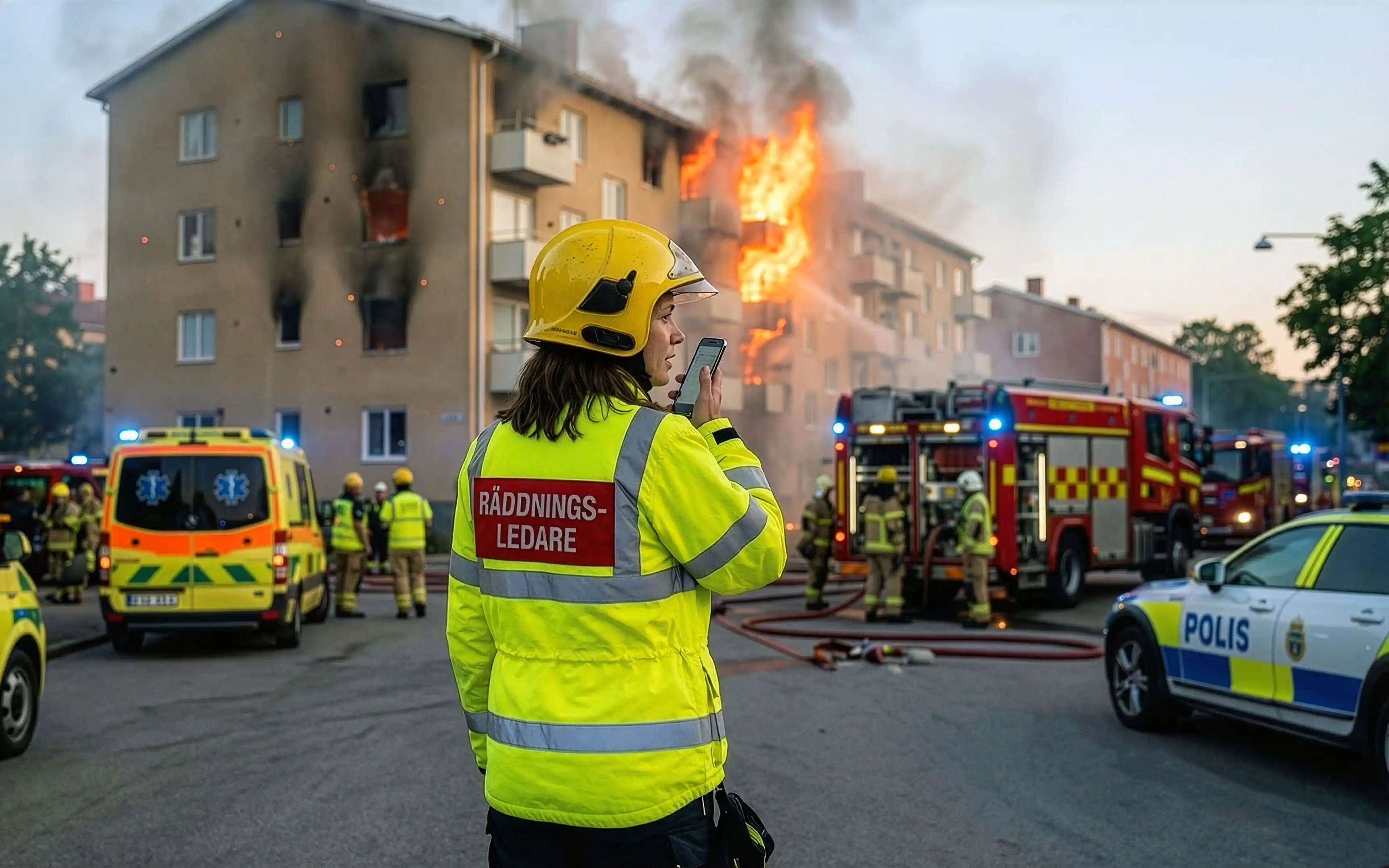 Räddningsledare som står vid en pågående lägenhetsbrand och genomför ett gruppsamtal i mobiltelefon för att symbolisera framtidens kommunikationsnät SWEN.