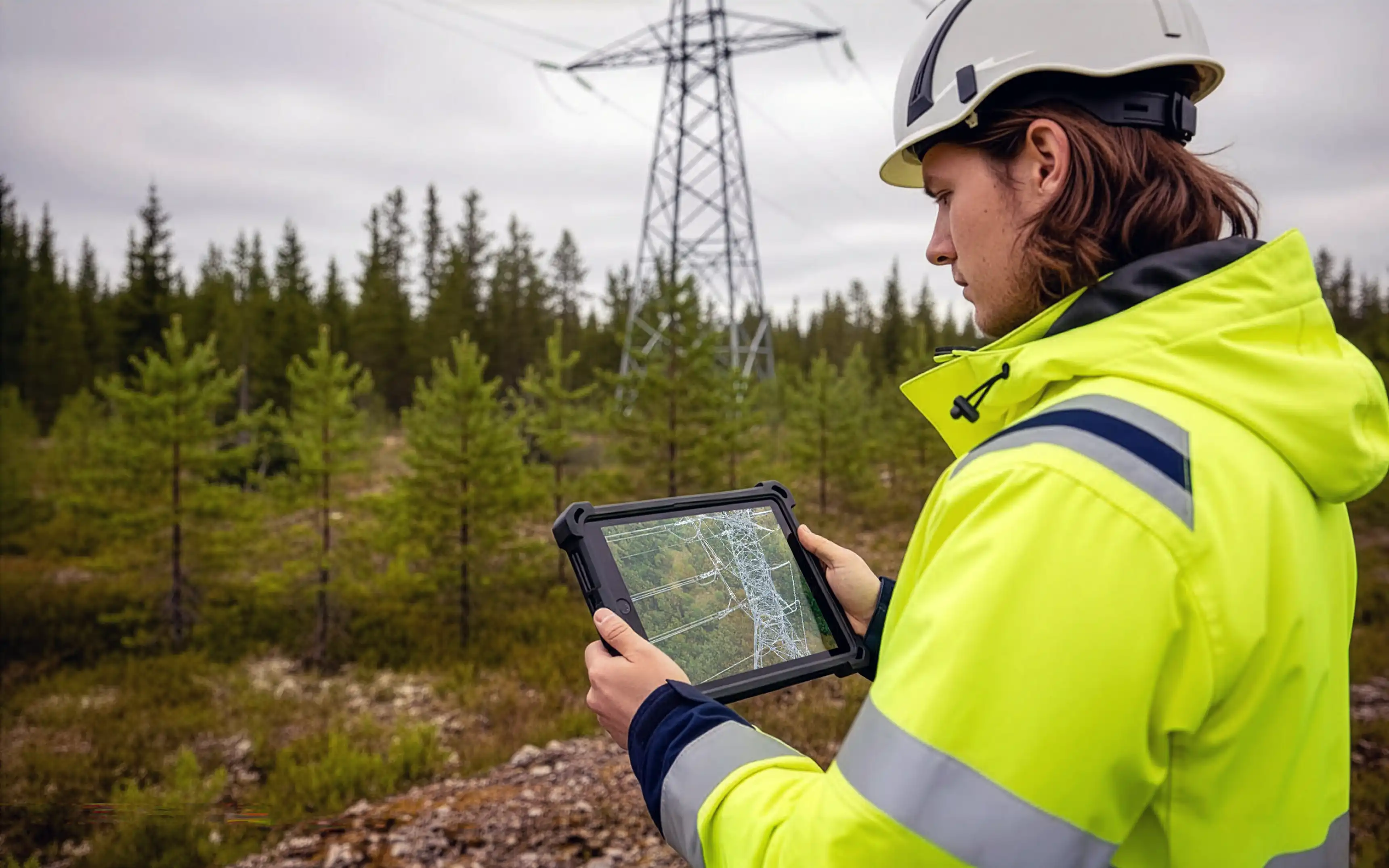 En tekniker som granskar en kraftledning med hjälp av drönarfoto på en surfplatta.