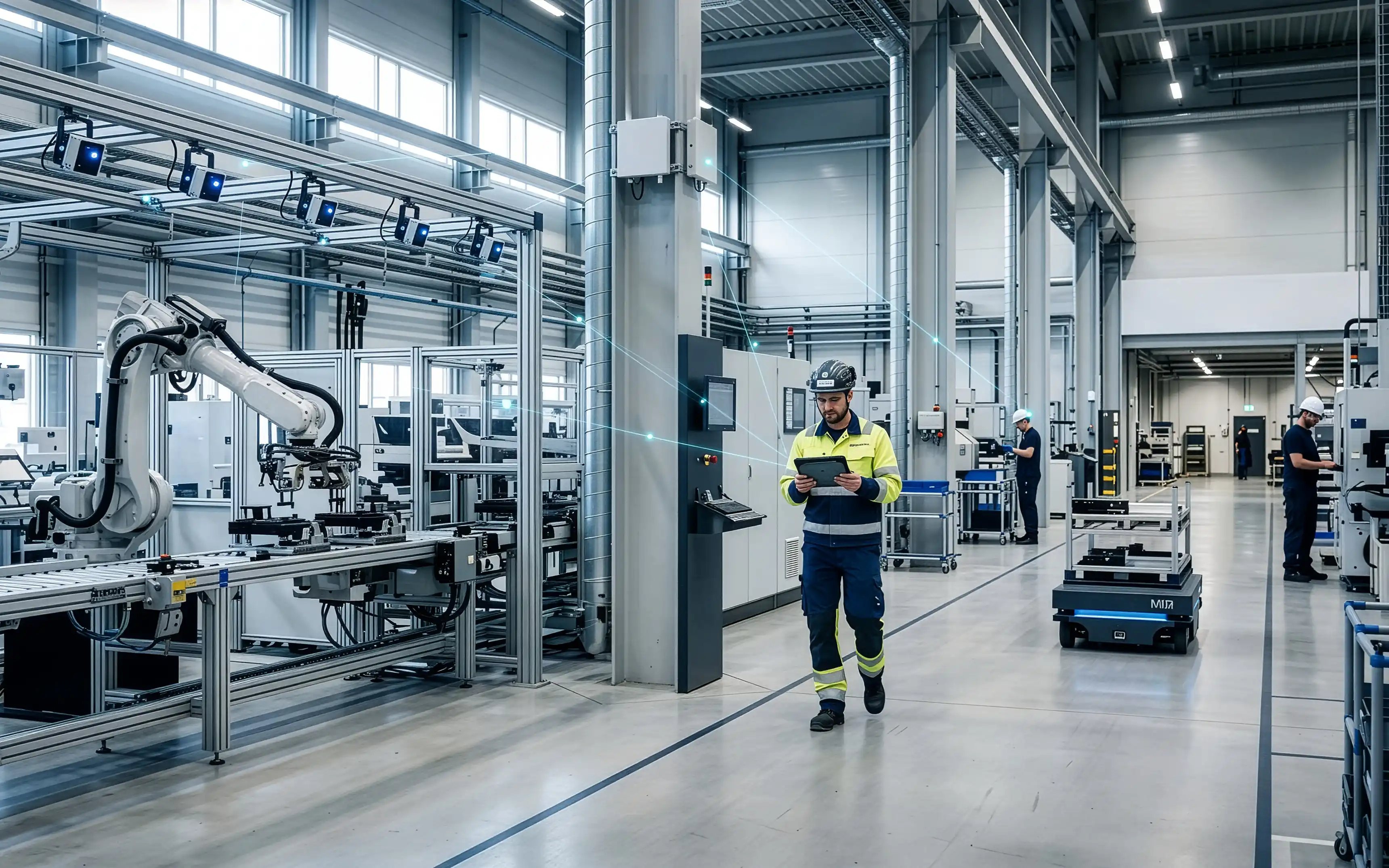 Översikt från en produktionslokal som visar flertalet användningsområden som möjliggörs eller förenklas av Privat 5G.