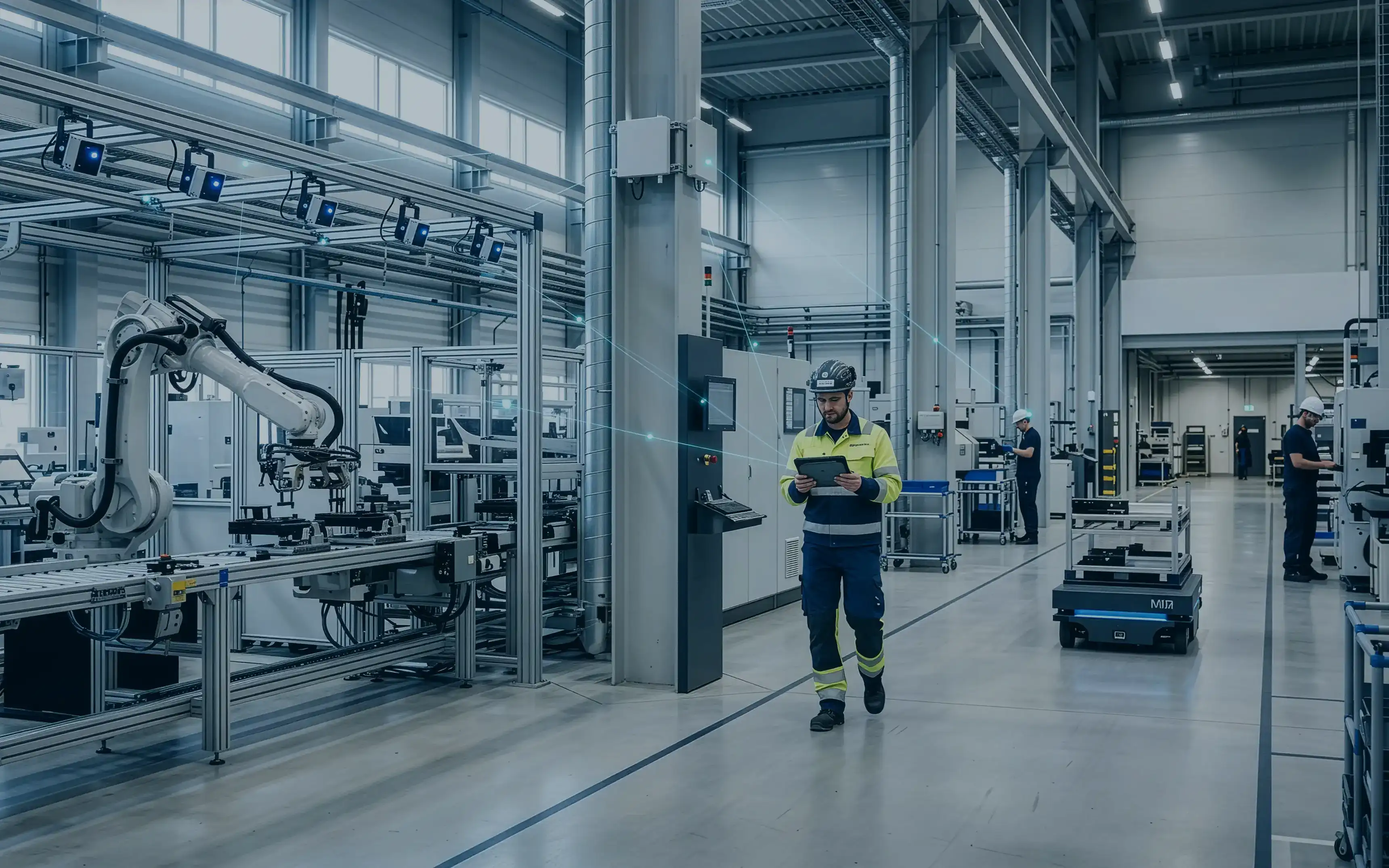 Översikt från en produktionslokal som visar flertalet användningsområden som möjliggörs eller förenklas av Privat 5G.